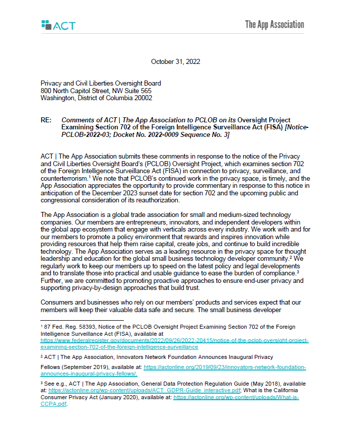 Section 702 Public Comments Memo - Privacy and Civil Liberties Oversight Board Public Comments Memo Notice 2022-006