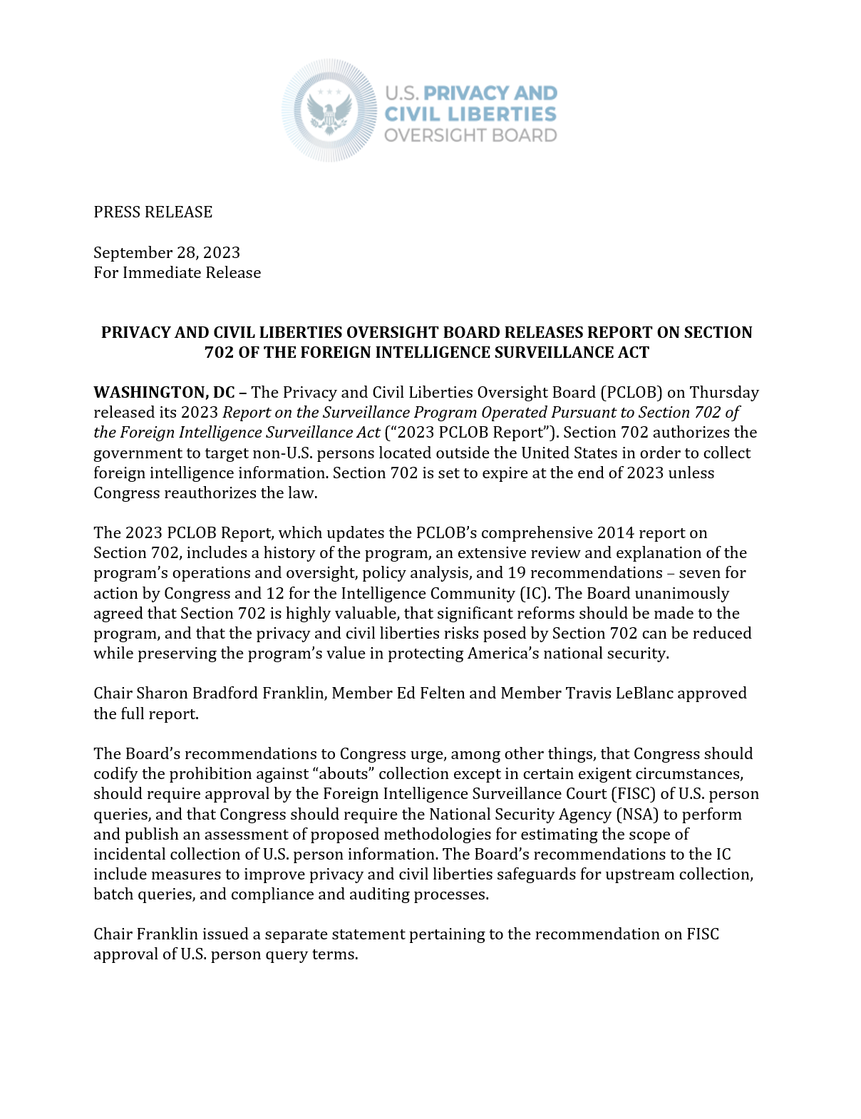 Press Release - PCLOB FISA Section 702 Press Release