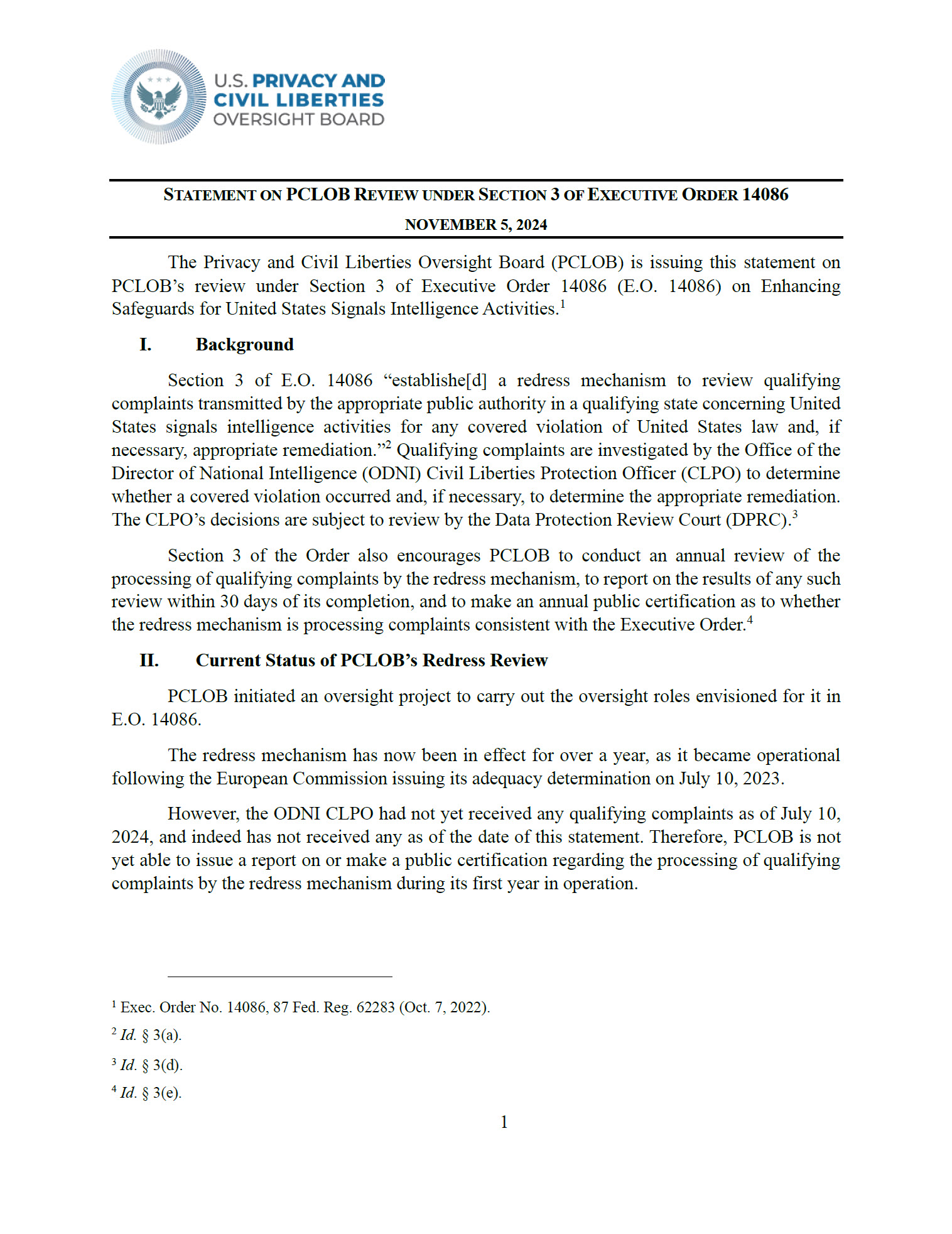 Statement on PCLOB Review Under Section 3 of Executive Order 14086 - Statement on PCLOB Review Under Section 3 of Executive Order 14086