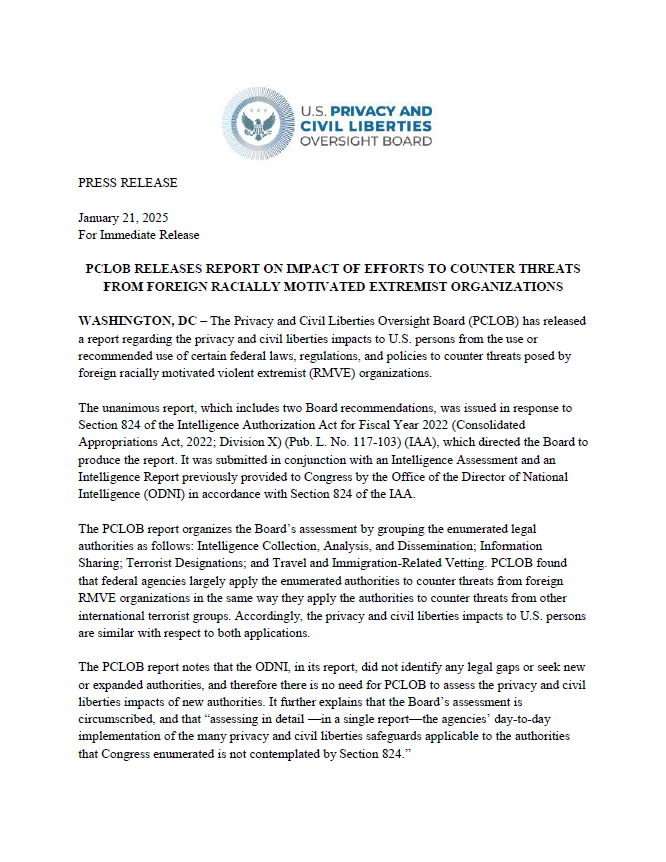 Foreign RMVE Report Press Release - PCLOB Releases Report on Impact of Efforts to Counter Threats From Foreign Racially Motivated Extremist Organizations 