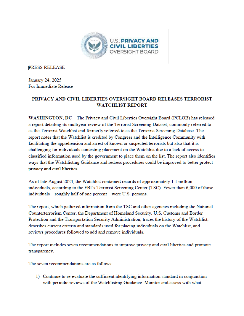 Terrorist Watchlist Press Release - Terrorist Watchlist Press Release