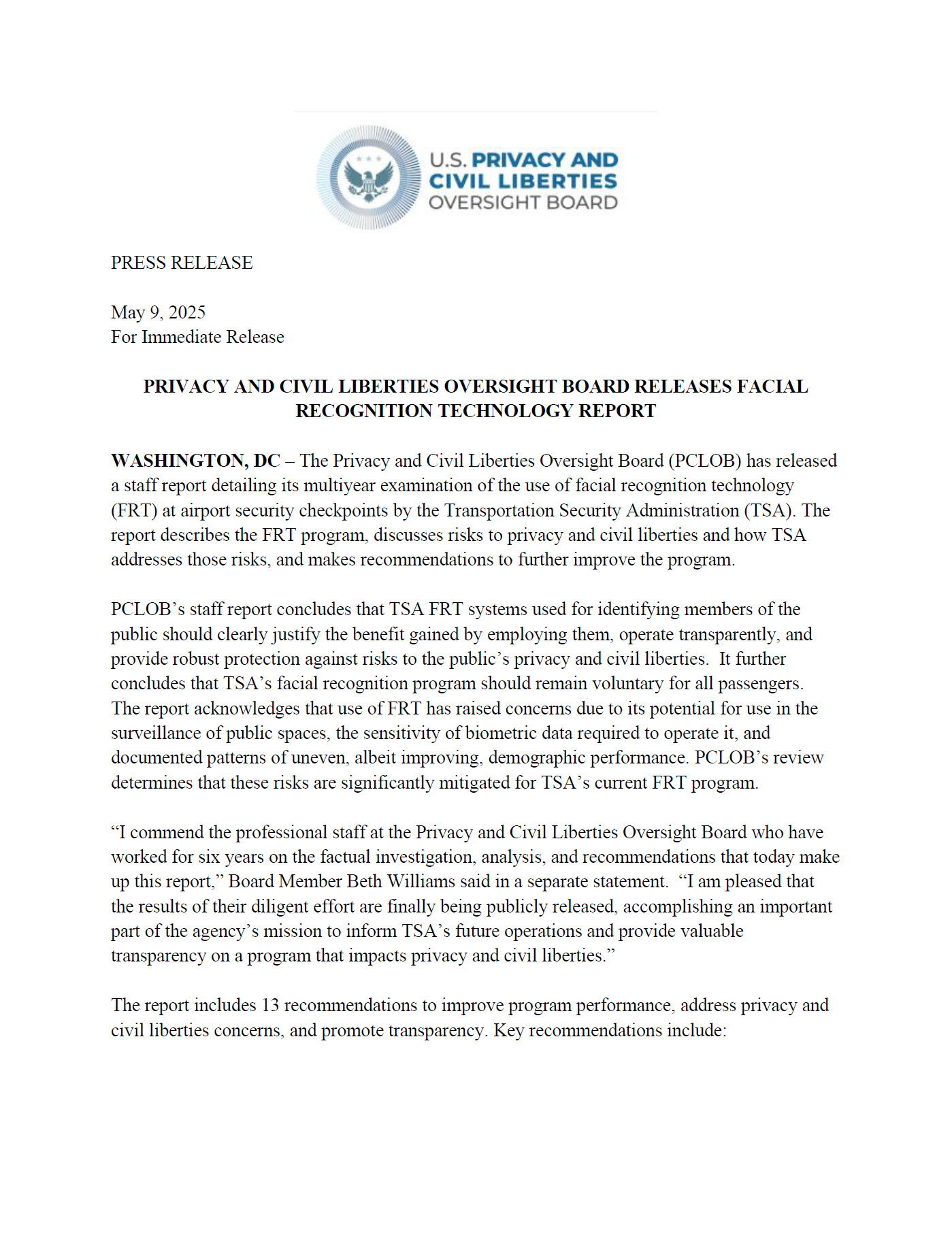 TSA FRT Report Press Release - PCLOB Releases TSA Facial Recognition Technology Report