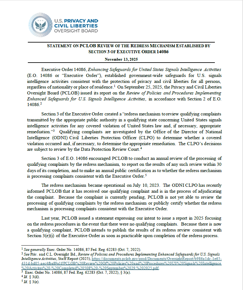 E.O. 14086 Redress Review Statement - Statement on PCLOB Review of the Redress Mechanism Established by Section 3 of Executive Order 14086