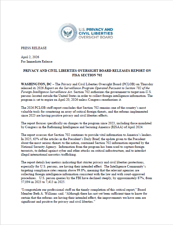 2026 FISA Section 702 Report Press Release - PCLOB 2026 FISA Section 702 Report Press Release