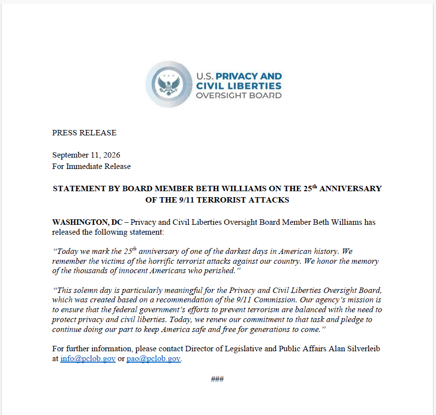 9/11 Anniversary Press Release - Board Member Williams Statement on the 25th Anniversary of the 9/11 Terror Attacks