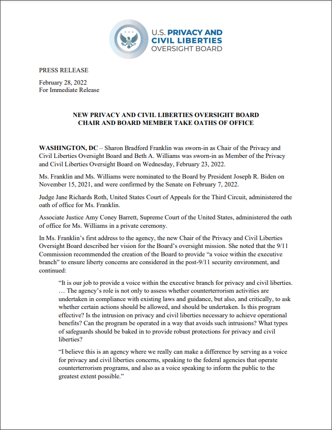 Press Release - New Privacy and Civil Liberties Oversight Board Chair and Board Member Take Oaths of Office