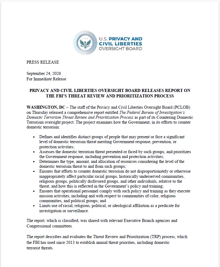 FBI TRP Report Press Release - PCLOB Releases Report on the FBI’s Threat Review and Prioritization Process