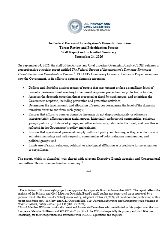 FBI TRP Report Summary - Report Summary on the FBI’s Domestic Terrorism Threat Review and Prioritization Process
