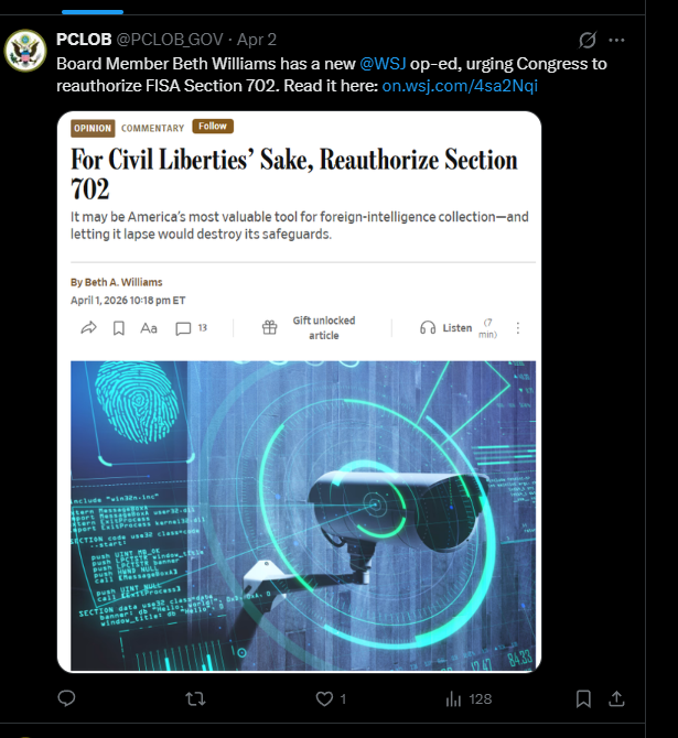 Image of PCLOB Lastest Tweet from April Second